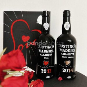 luxury black double-door rigid wine packaging box with heart embossed pattern and red interior for two-bottle gift presentation