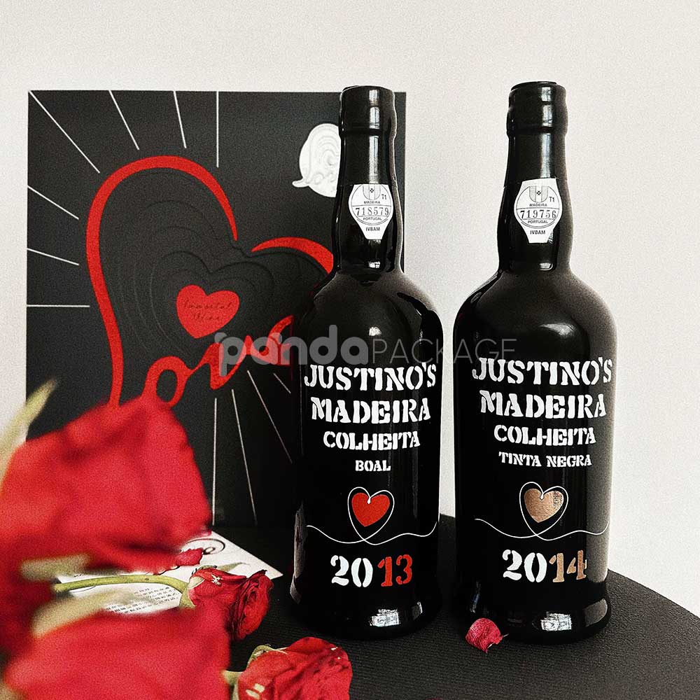 luxury black double-door rigid wine packaging box with heart embossed pattern and red interior for two-bottle gift presentation