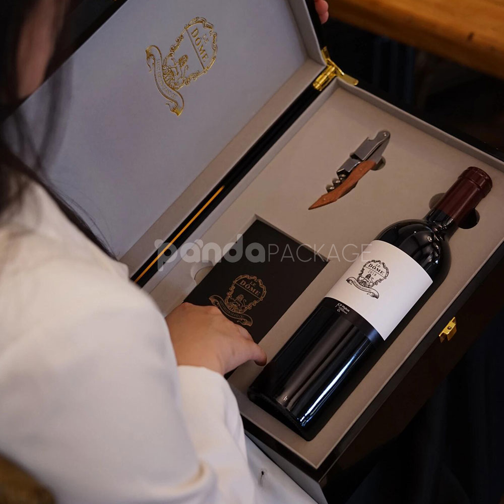 luxury black leather textured rigid wine packaging box with metal lock, suede interior and accessory compartment for premium gifting