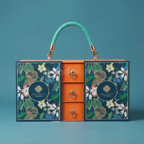 Orange Floral Leather-Handle Double-Door Drawer Box