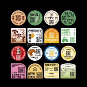 food packaging stickers for coffee cups tea drinks and bakery boxes with qr code