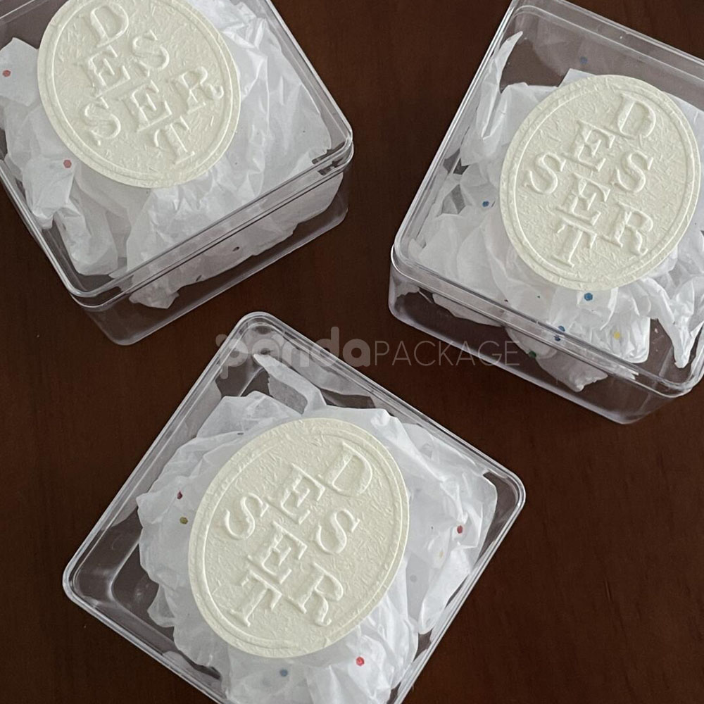 embossed dessert stickers for bakery boxes and café food packaging