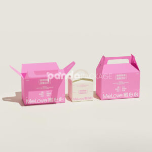 pink and white paperboard donut box with gable handle for bakery and cake packaging