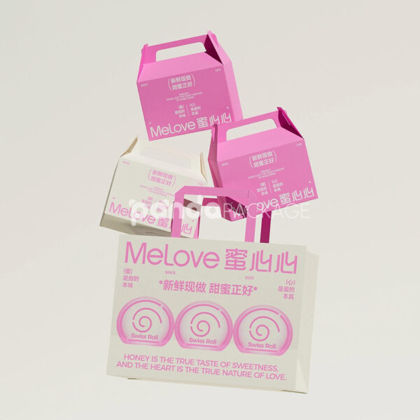 Pink and White Paperboard Donut Box with Handle for Bakery Packaging