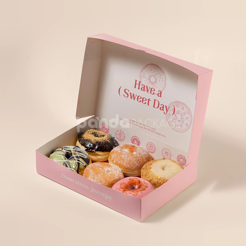 pink paperboard donut box with lid for bakery takeout and dessert packaging