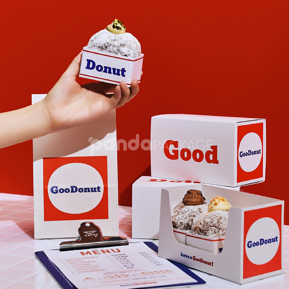 white paperboard donut tray with blue good donut print design for bakery takeout and display packaging