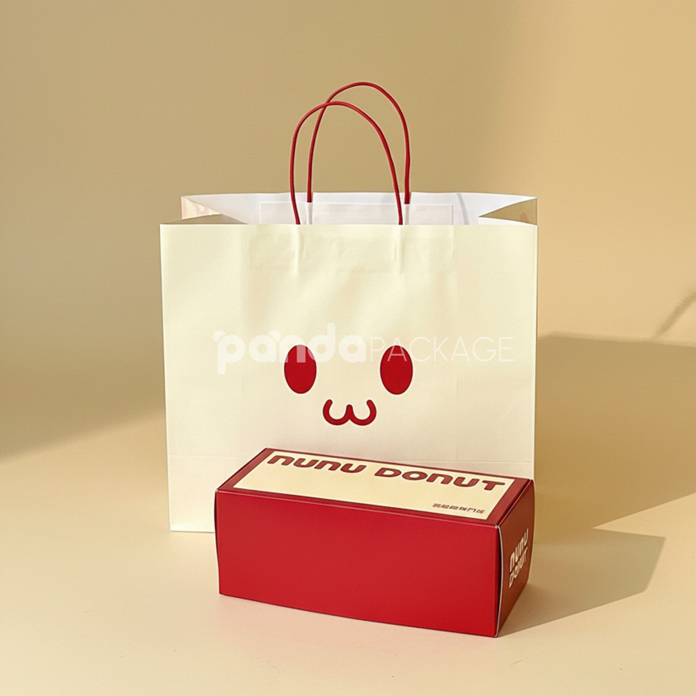 red and pale yellow paperboard donut box with tuck top lid for bakery takeout and gift packaging