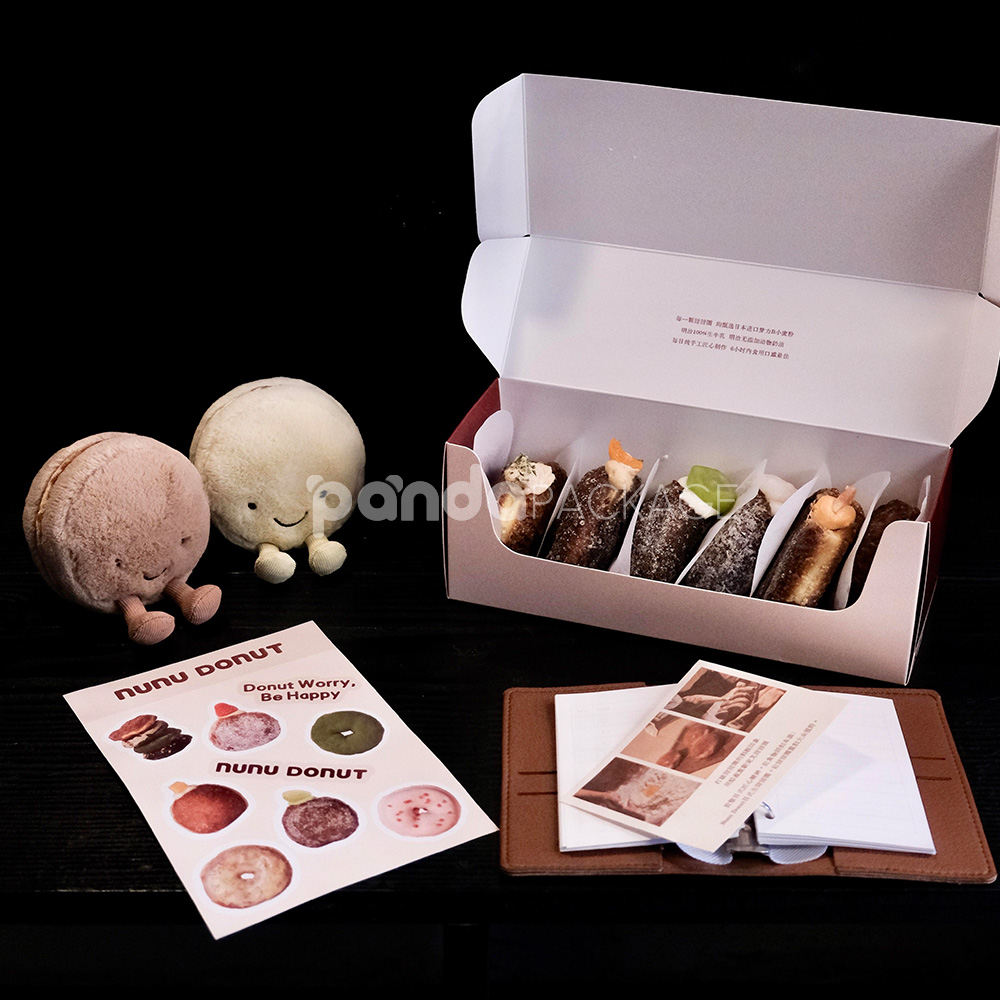 red and pale yellow paperboard donut box with tuck top lid for bakery takeout and gift packaging