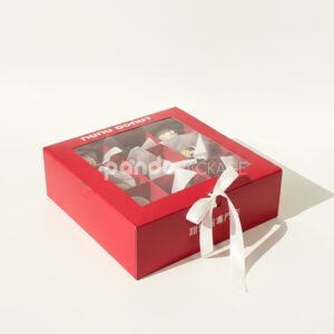red and pale yellow paperboard donut box with clear window lid and divider grid for bakery gift packaging
