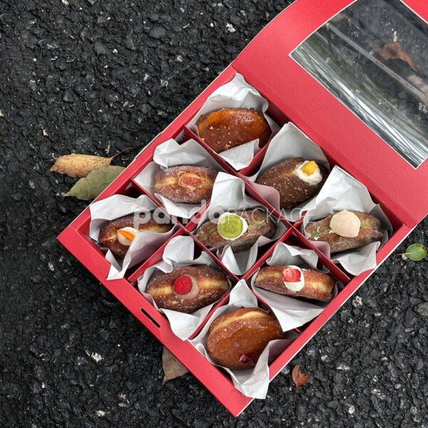Red and Pale Yellow Paperboard Donut Box with Window Lid