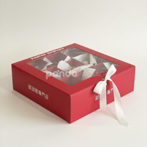 red and pale yellow paperboard donut box with clear window lid and divider grid for bakery gift packaging