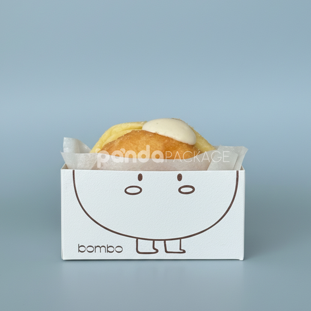 white paperboard donut tray with cute cartoon character design for bakery takeout and dessert packaging
