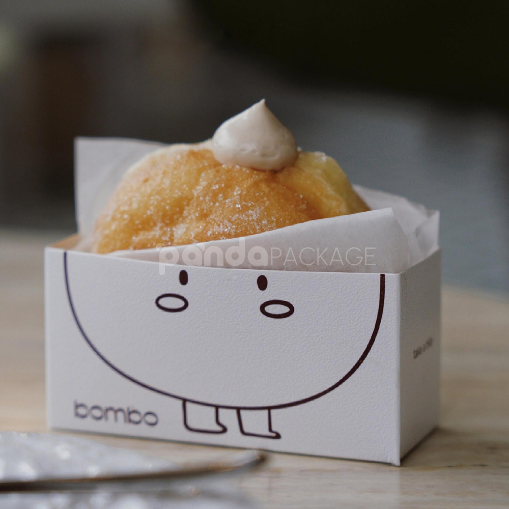 white paperboard donut tray with cute cartoon character design for bakery takeout and dessert packaging