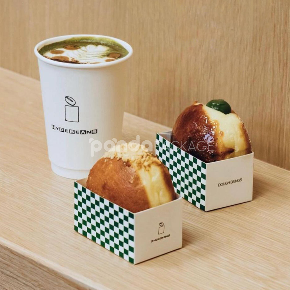 green paperboard donut tray with printed logo design for bakery and coffee shop packaging