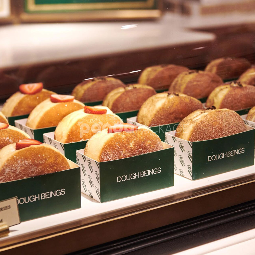 green paperboard donut tray with printed logo design for bakery and coffee shop packaging