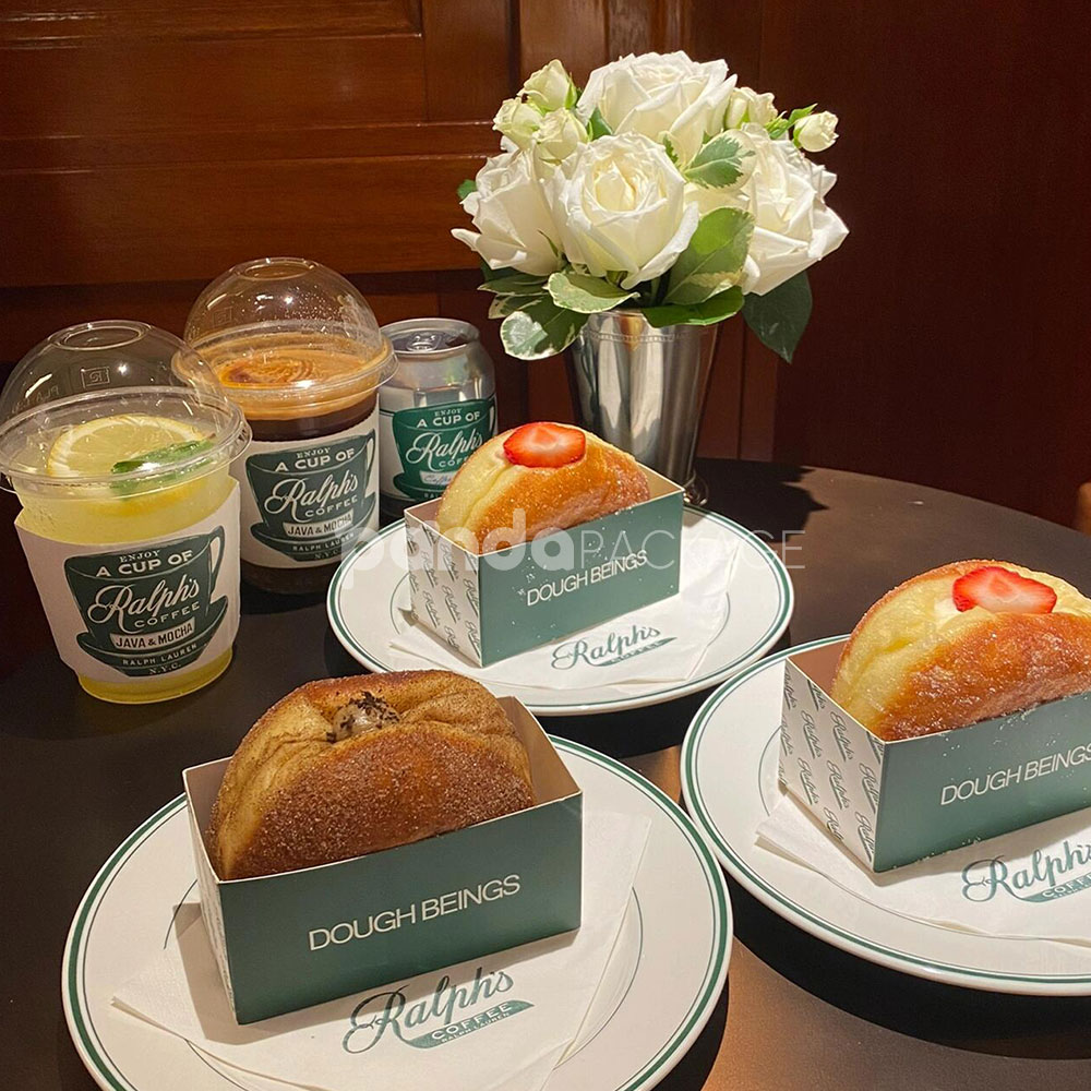 green paperboard donut tray with printed logo design for bakery and coffee shop packaging