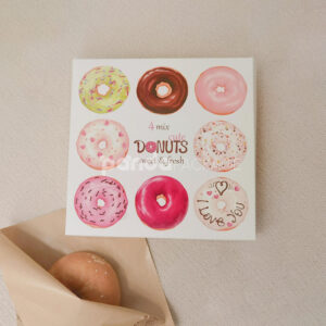 white paperboard donut box with colorful illustrated design for bakery gift and dessert packaging