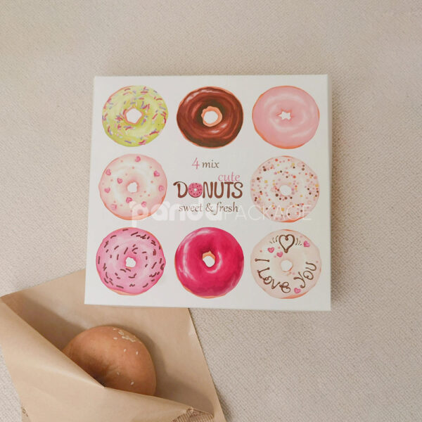 White Paperboard Donut Box with Colorful Illustrated Design