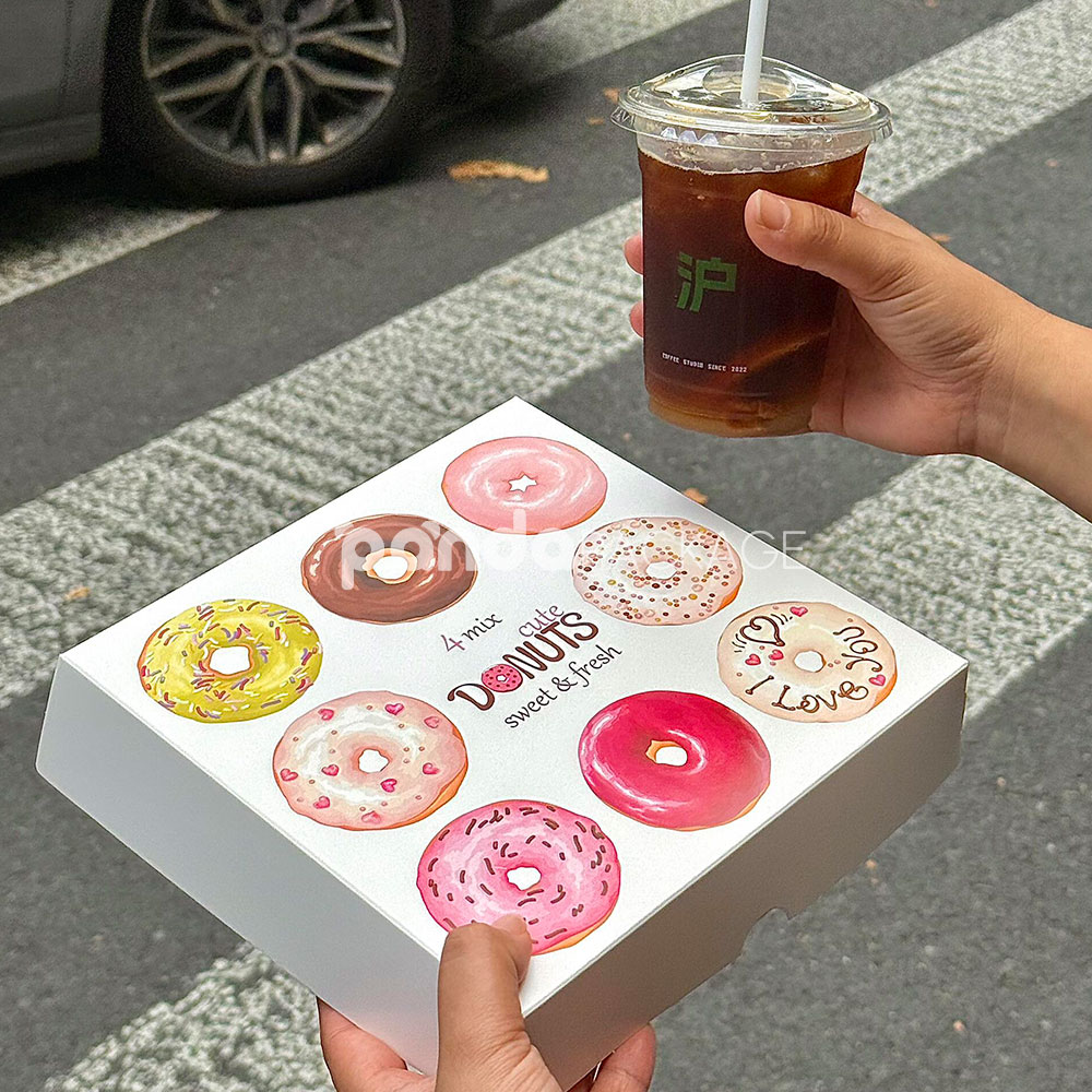 white paperboard donut box with colorful illustrated design for bakery gift and dessert packaging