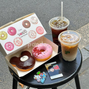white paperboard donut box with colorful illustrated design for bakery gift and dessert packaging