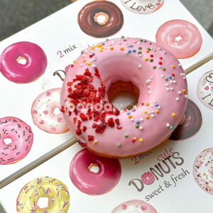 white paperboard donut box with colorful illustrated design for bakery gift and dessert packaging