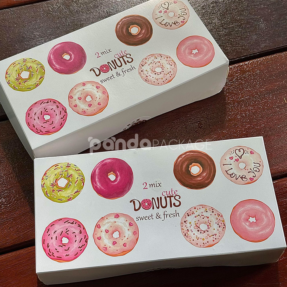 white paperboard donut box with colorful illustrated design for bakery gift and dessert packaging