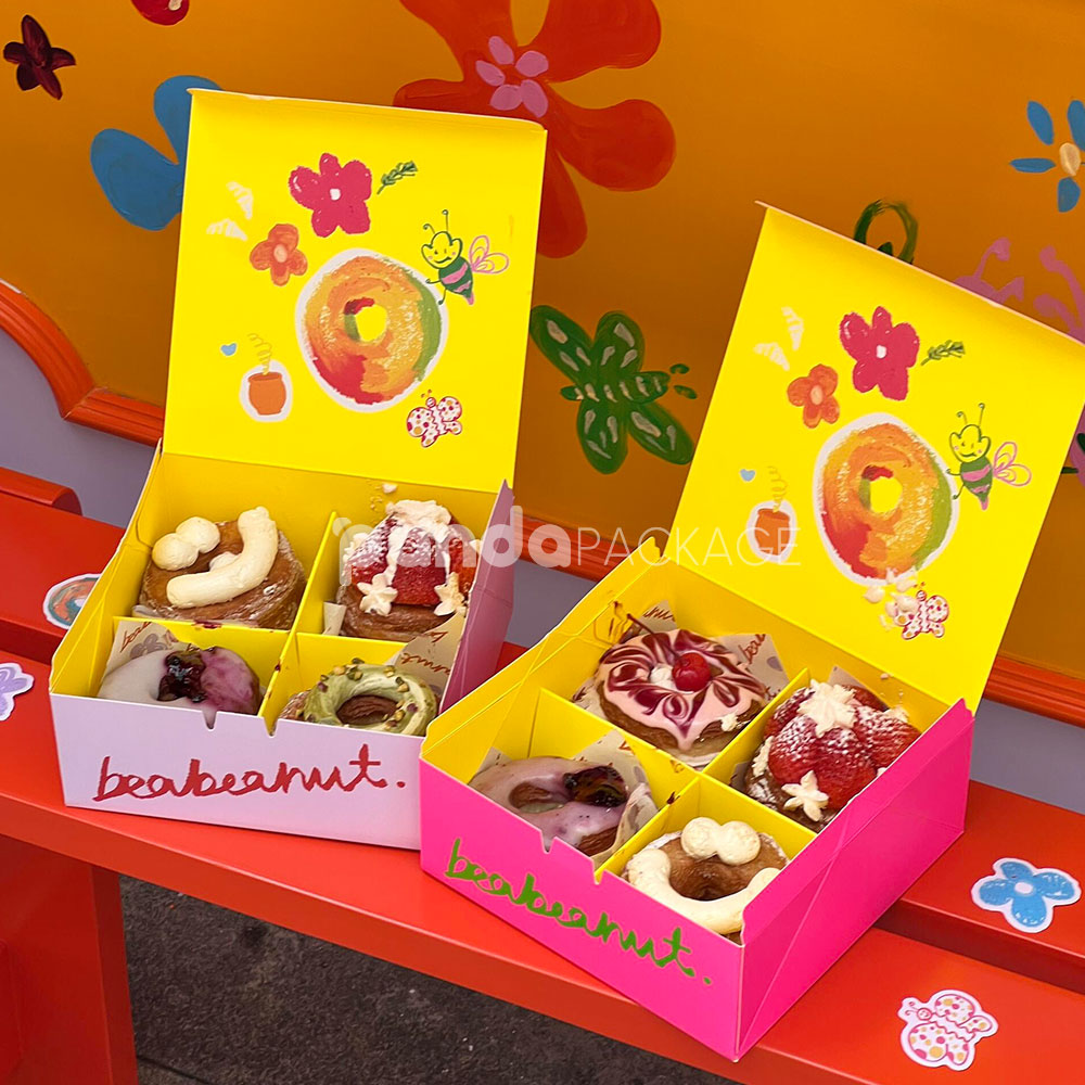 colorful paperboard donut gift box with hand-painted illustration and yellow interior for bakery and dessert packaging