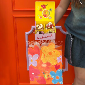 colorful paperboard donut gift box and bag with hand-painted illustration and yellow interior for bakery and dessert packaging