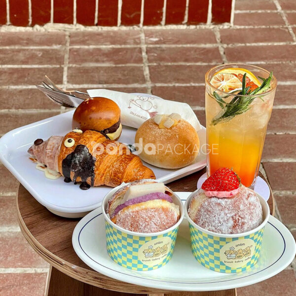 Blue and Yellow Checkered Paper Donut Cup for Bakery Takeout
