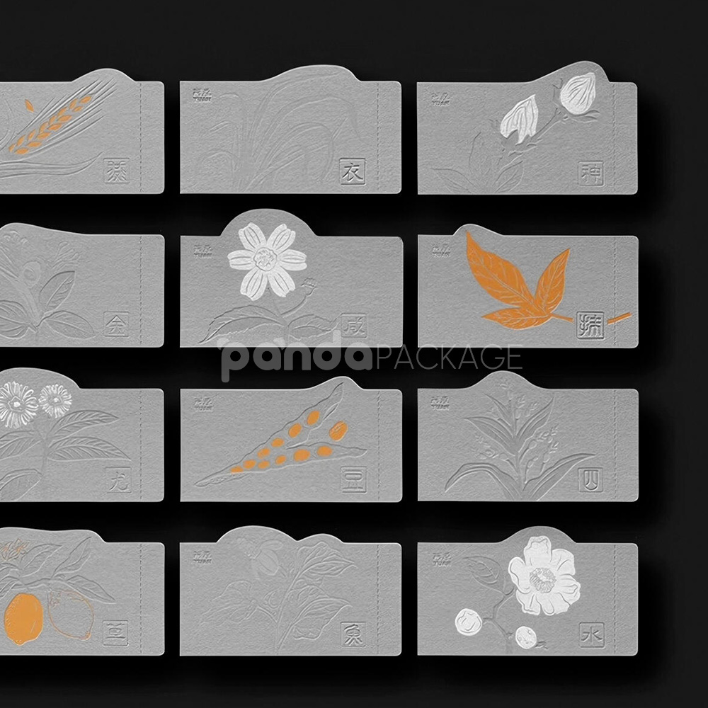 embossed gray food packaging labels with botanical paper design