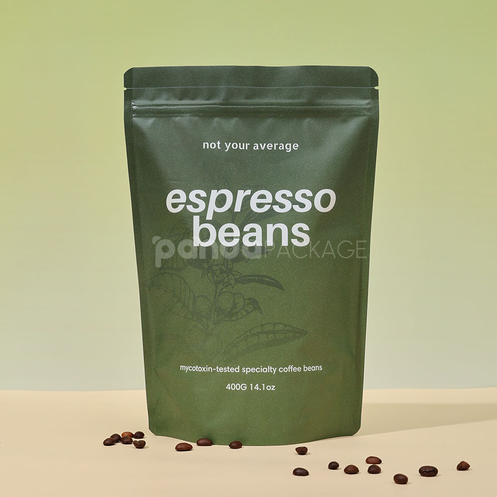 green stand up coffee pouch with zipper and degassing valve