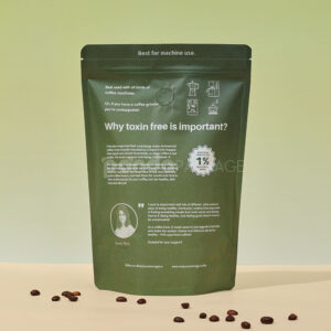 green stand up coffee pouch with zipper and degassing valve