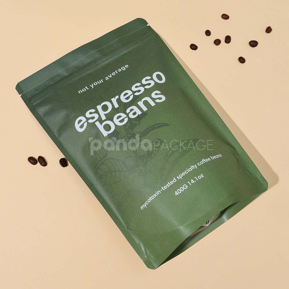 green stand up coffee pouch with zipper and degassing valve