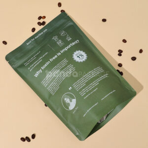 green stand up coffee pouch with zipper and degassing valve