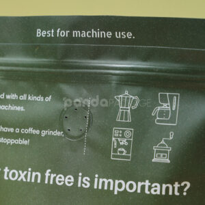 green stand up coffee pouch with zipper and degassing valve