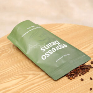 green stand up coffee pouch with zipper and degassing valve