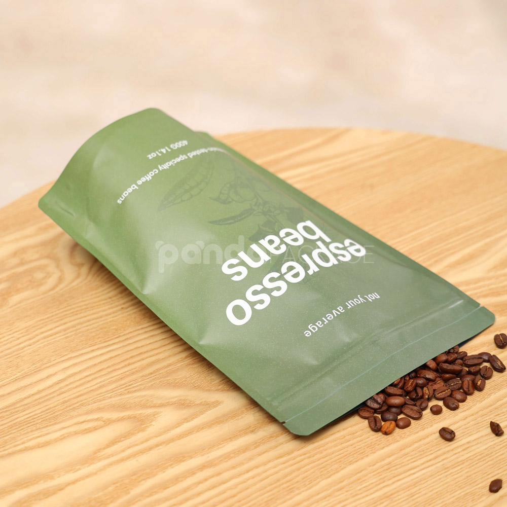 green stand up coffee pouch with zipper and degassing valve