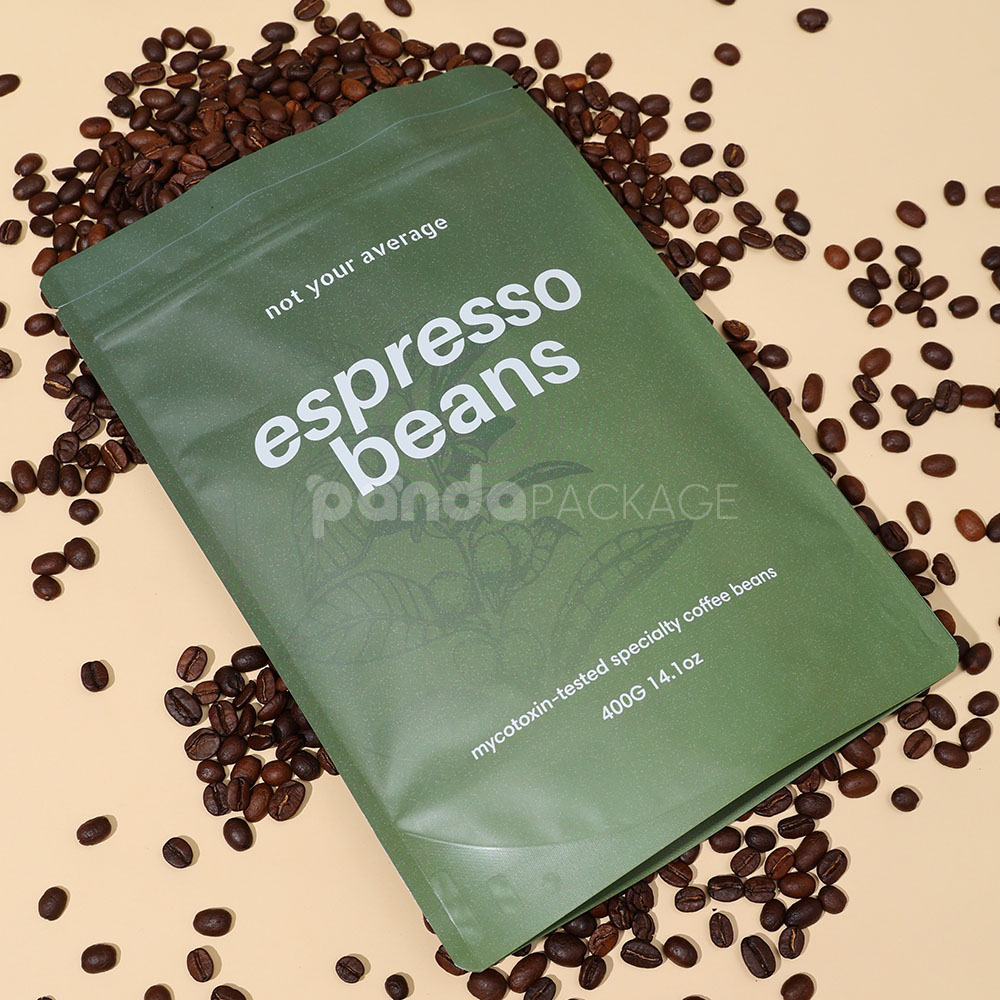 green stand up coffee pouch with zipper and degassing valve