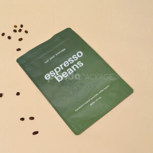 green stand up coffee pouch with zipper and degassing valve