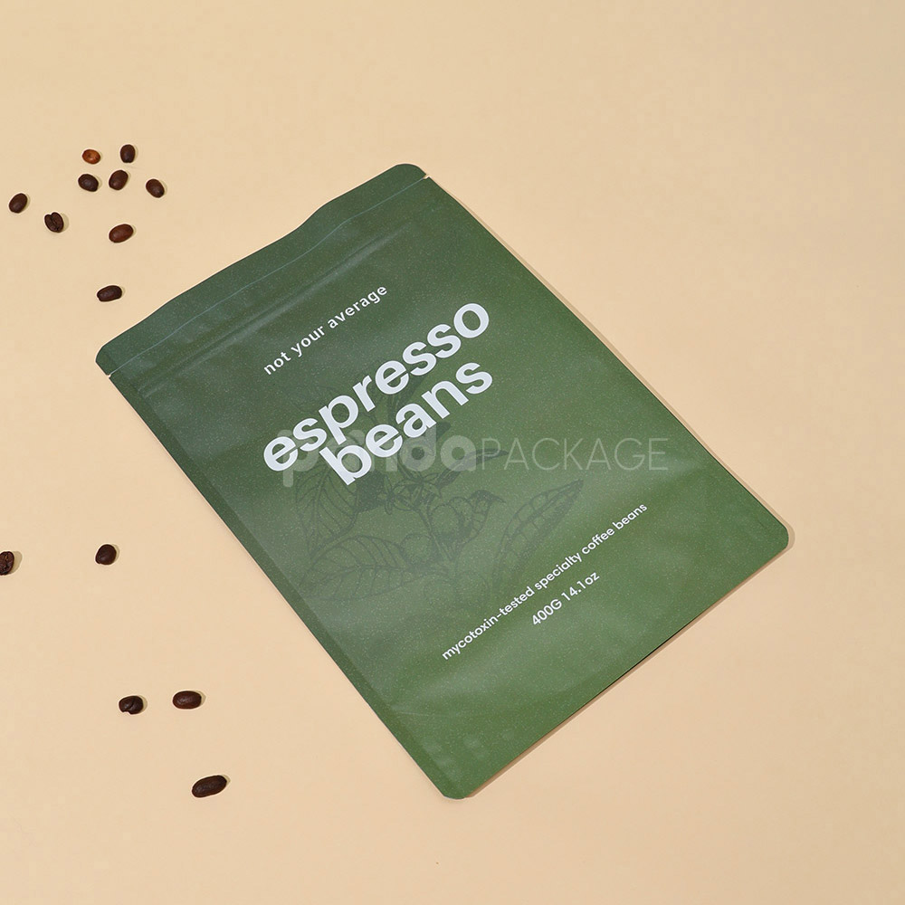 green stand up coffee pouch with zipper and degassing valve