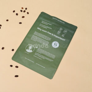 green stand up coffee pouch with zipper and degassing valve