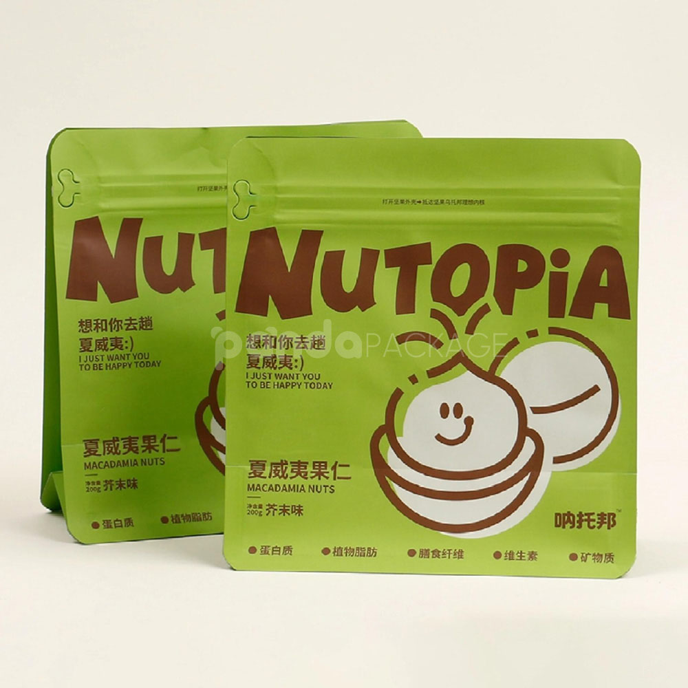 printed flat bottom pouch for nuts and snack packaging bags