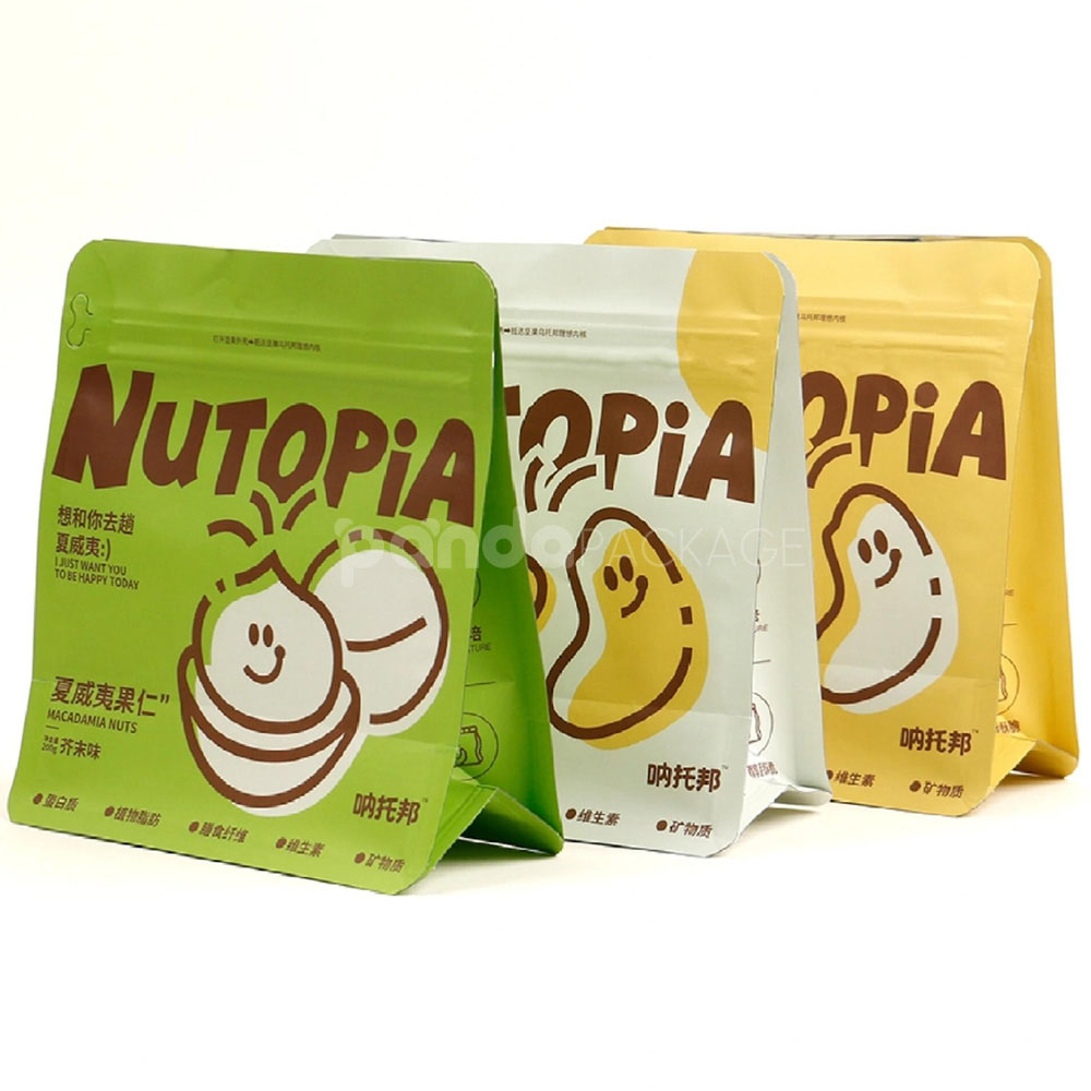 printed flat bottom pouch for nuts and snack packaging bags