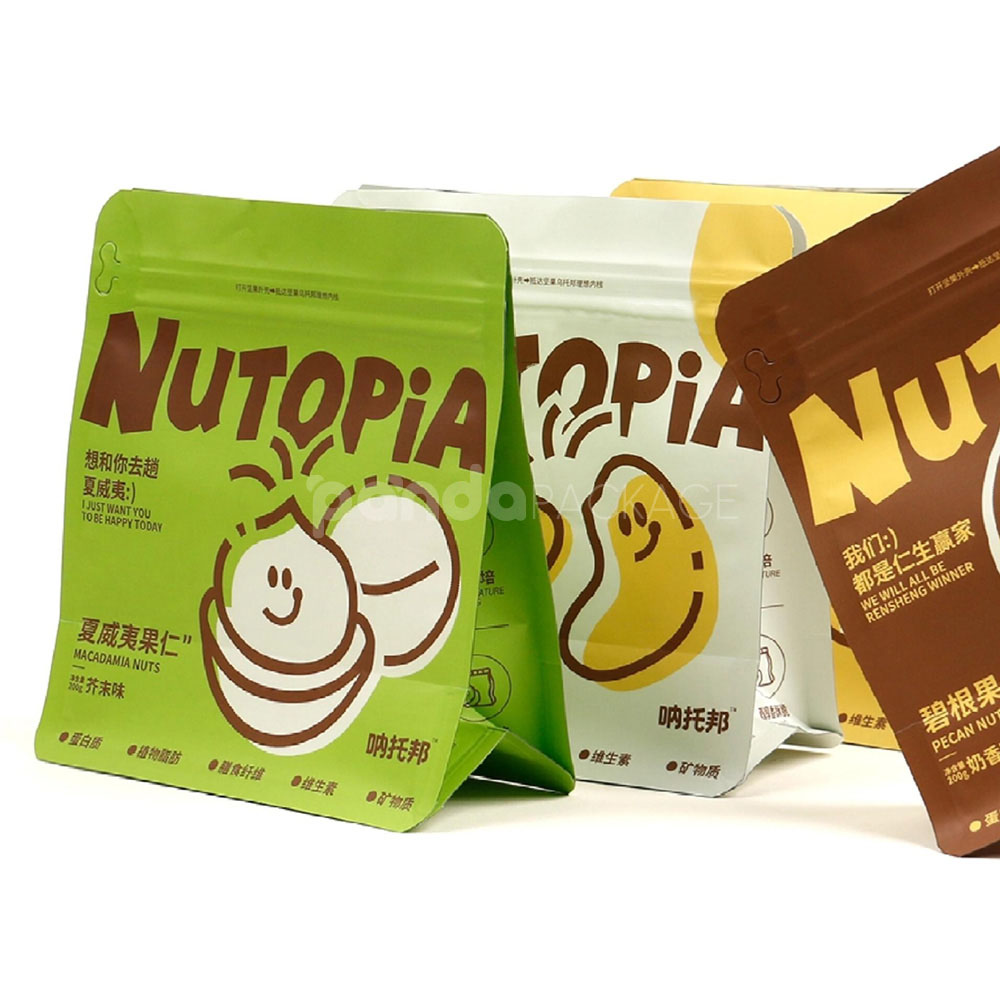 printed flat bottom pouch for nuts and snack packaging bags