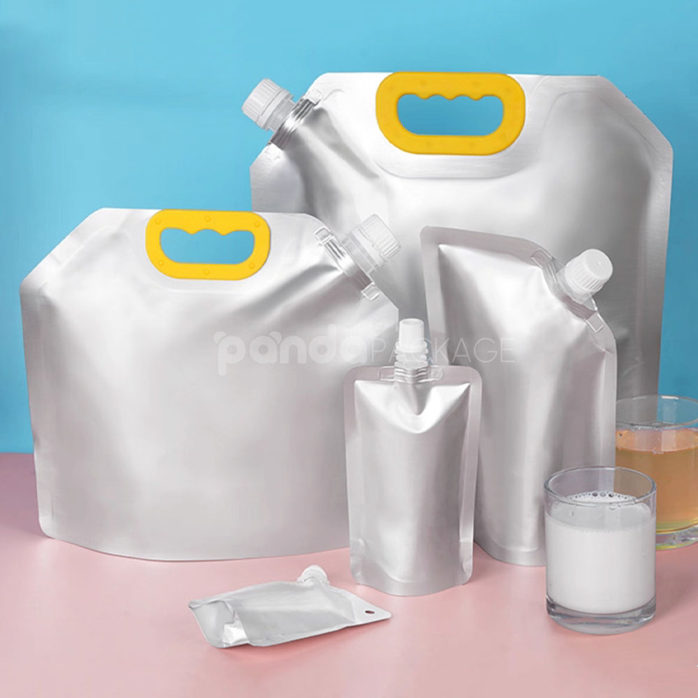 silver stand up spout pouch for milk juice and sauces
