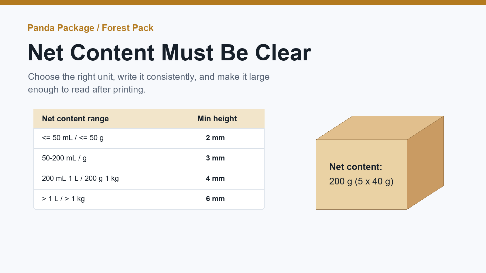 Net content label table infographic